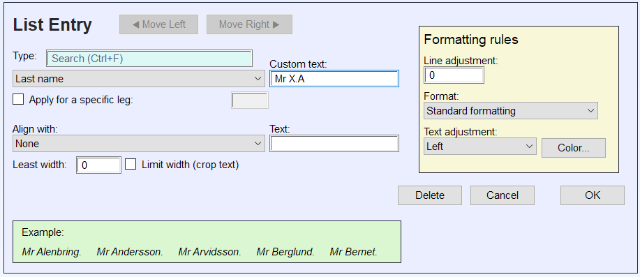 Overview of the list entry settings.